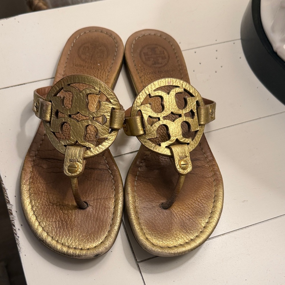 Tory Burch Miller Gold Leather Thong Sandals